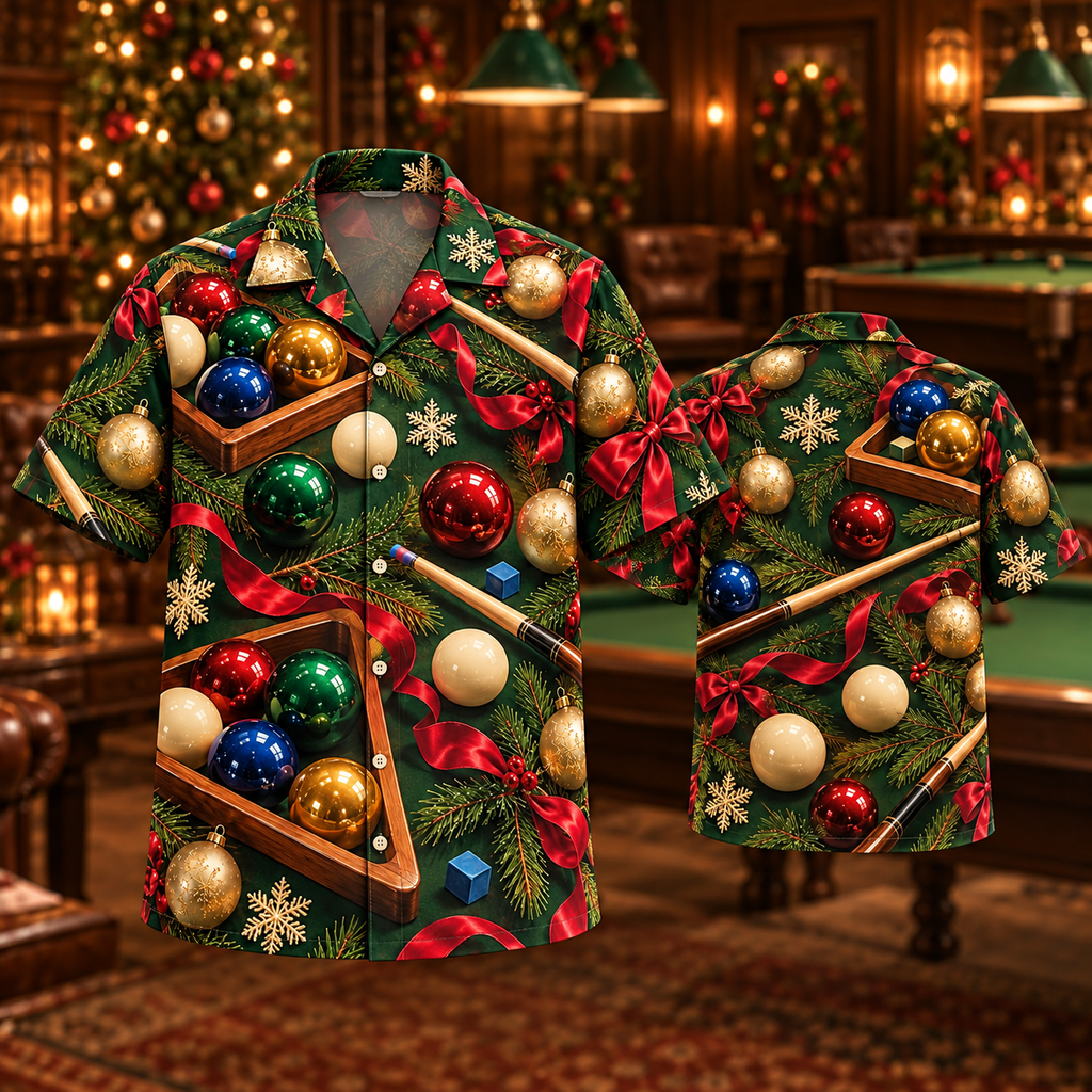 AlohaVero Christmas billiards Hawaiian shirt, front and back views