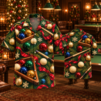 AlohaVero Christmas billiards Hawaiian shirt, front and back views