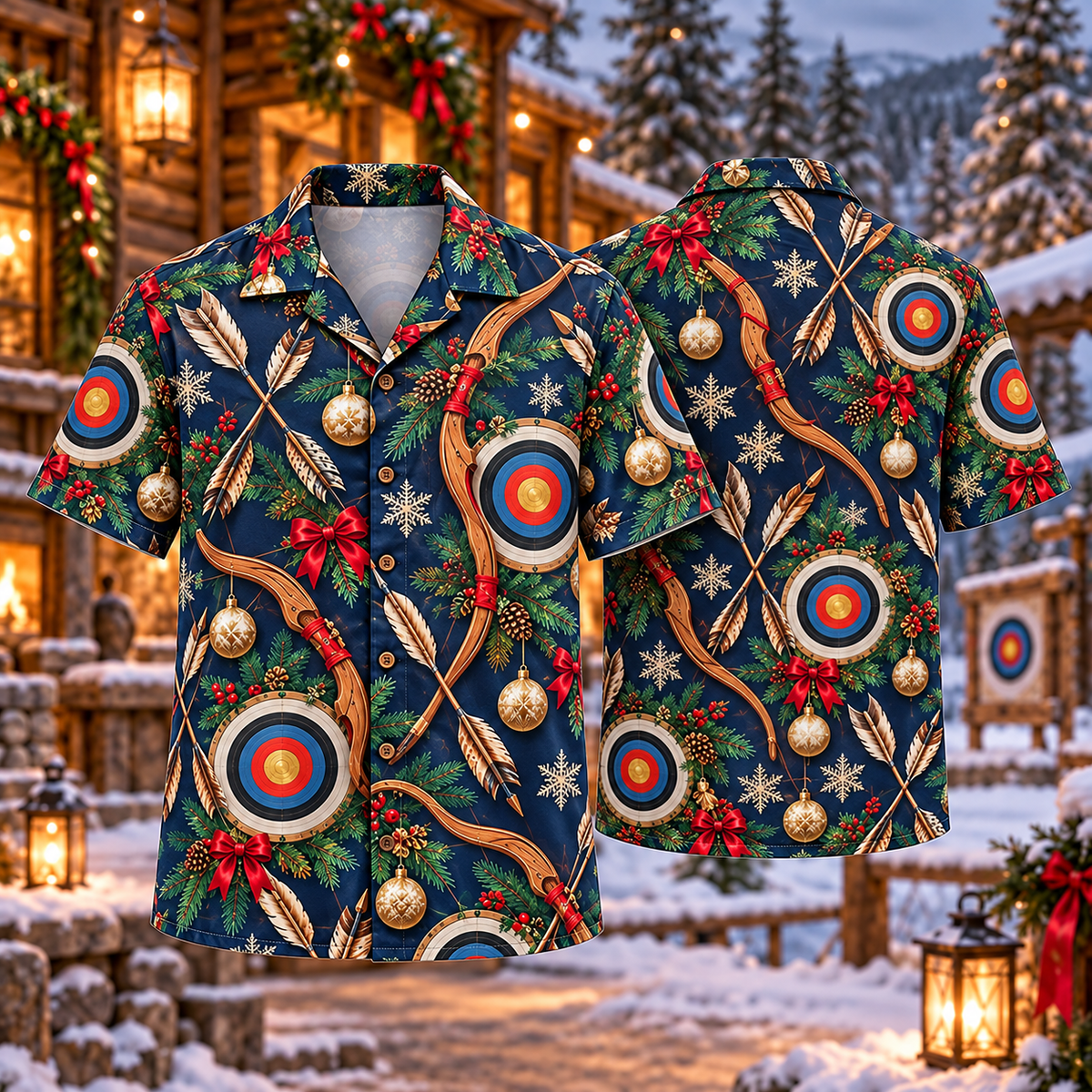 AlohaVero Christmas archery Hawaiian shirt, front and back views