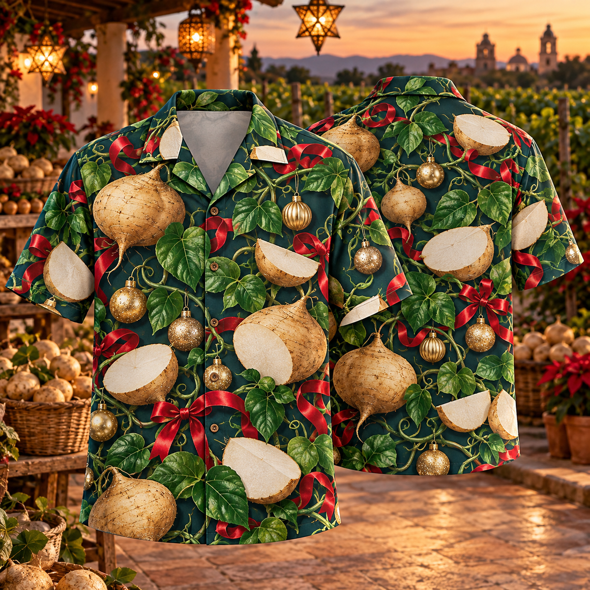 AlohaVero Christmas jicama Hawaiian shirt, front and back views