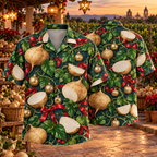 AlohaVero Christmas jicama Hawaiian shirt, front and back views
