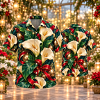 AlohaVero Christmas calla-lilies Hawaiian shirt, front and back views
