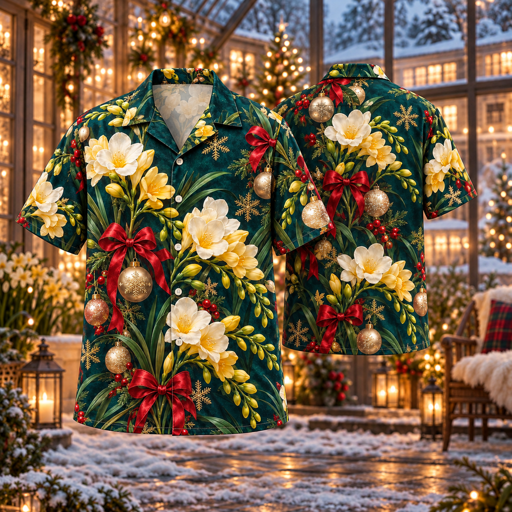 AlohaVero Christmas freesias Hawaiian shirt, front and back views