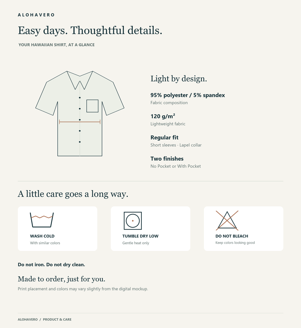 AlohaVero shirt fabric and care guide