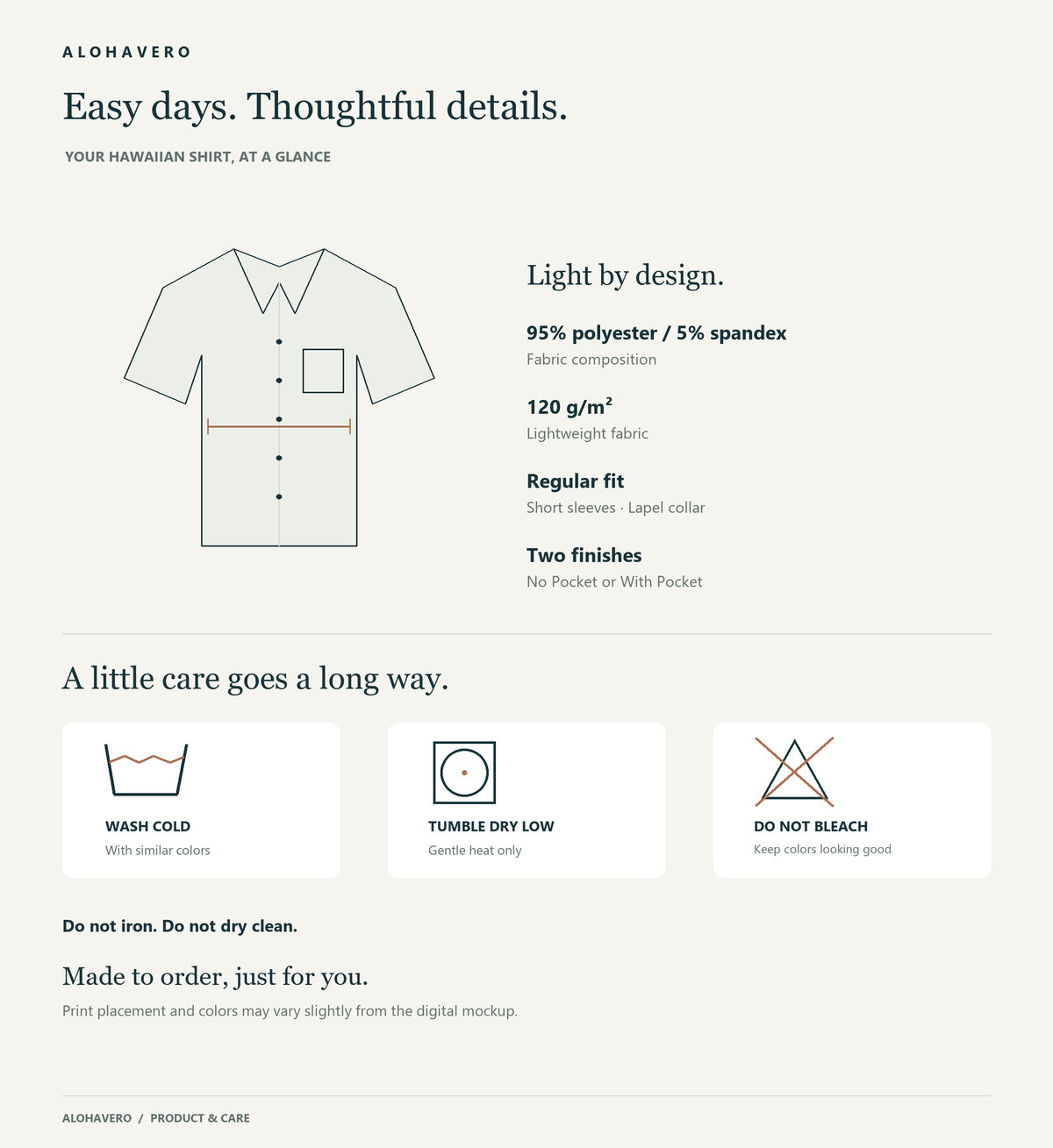 AlohaVero shirt fabric and care guide