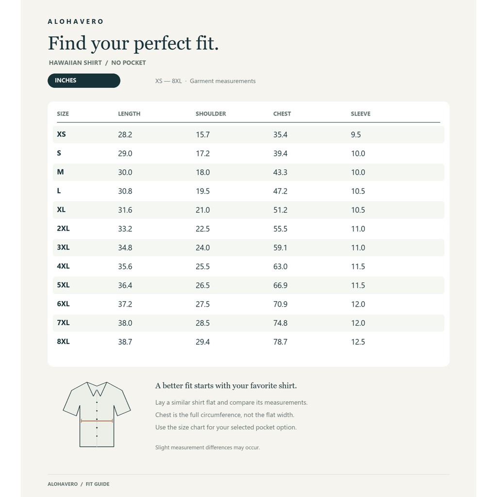 No Pocket size chart inches
