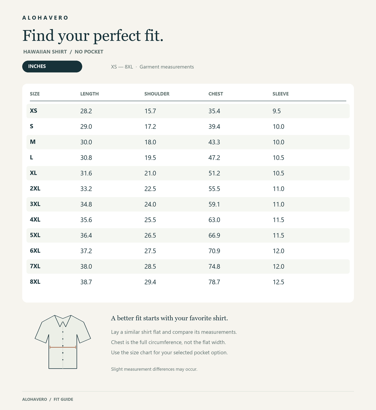 No pocket size chart XS-8XL inches