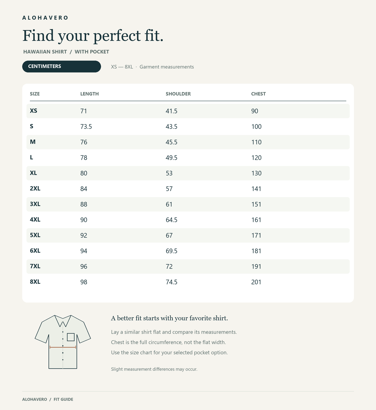 With pocket size chart XS-8XL centimeters