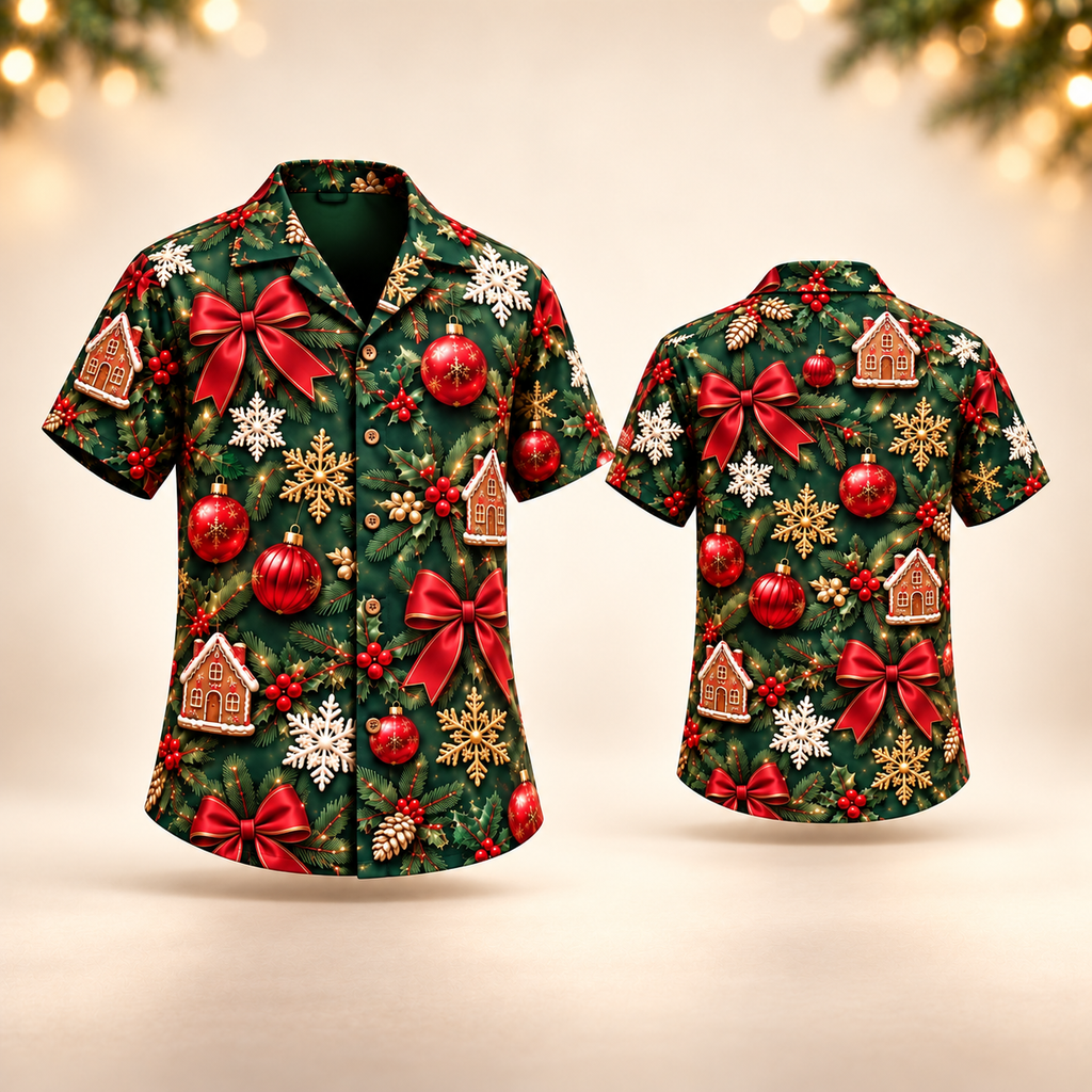 Christmas bows and ornaments Hawaiian shirt with 3D-effect print, front and back views, festive background
