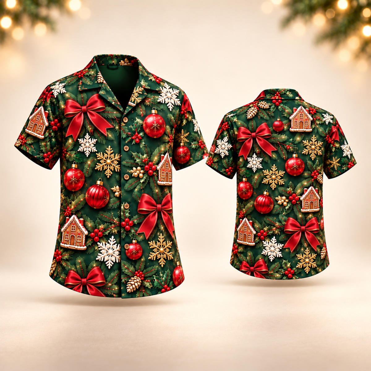Christmas bows and ornaments Hawaiian shirt with 3D-effect print, front and back views, festive background